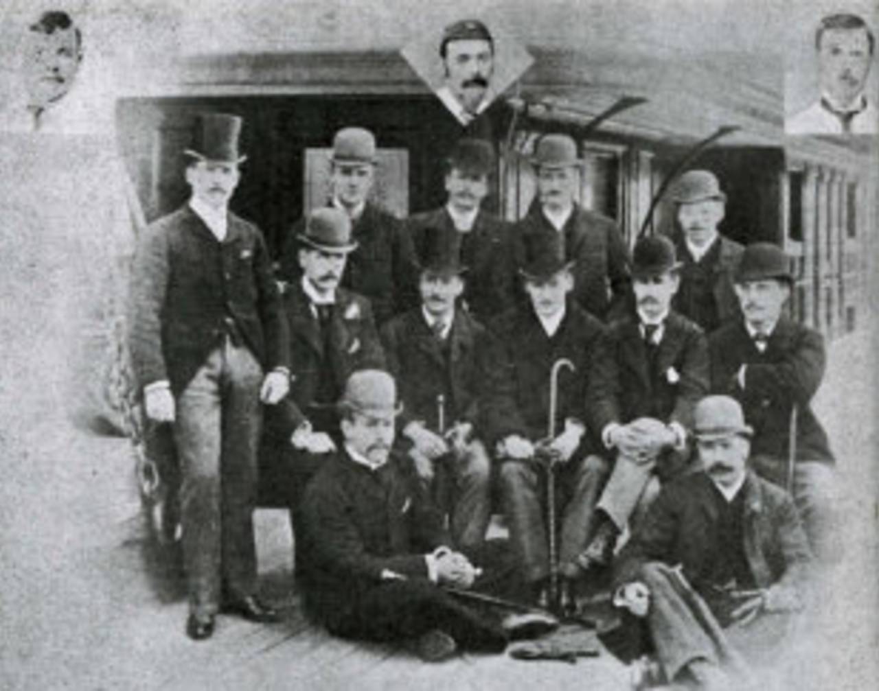 The first MCC side to tour South Africa under the management of Major Wharton  1888-89. Standing: BAF Grieve, AC Skinner, AJ Fothergill, JM Read, R Abel. Sitting: CA Smith, Major Warton, The Hon. CJ Coventry, JEP McMaster, MP Bowden. Front:  JH Roberts, H Wood. Insets: J. Briggs, G Ulyett, F Hearne.