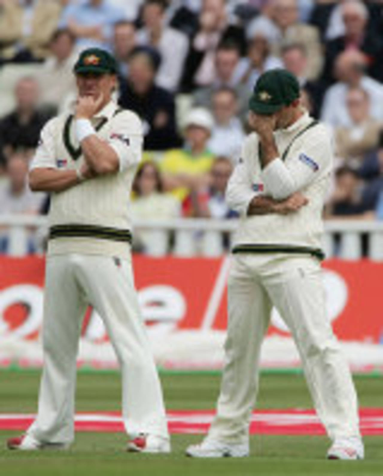 Shane Warne and Ricky Ponting contemplate a long morning in the field, England v Australia, 2nd Test, Edgbaston, August 4, 2005