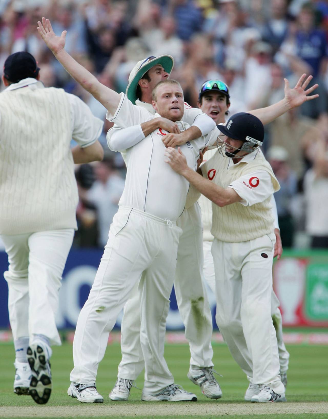 Andrew Flintoff's team-mates surround him after taking two wickets in an over, England v Australia, Edgbaston, August 6, 2005