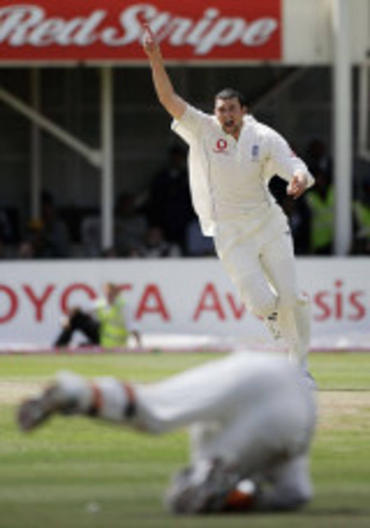 Steve Harmison watched Geraint Jones's tumbling catch to take the winning wicket of Mike Kasprowicz, England v Australia, Edgbaston, August 7, 2005