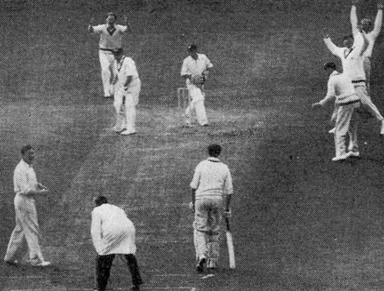 Jim Laker takes his tenth wicket as Jack Wilson is caught by Roy Swetman&nbsp;&nbsp;&bull;&nbsp;&nbsp;The Cricketer International