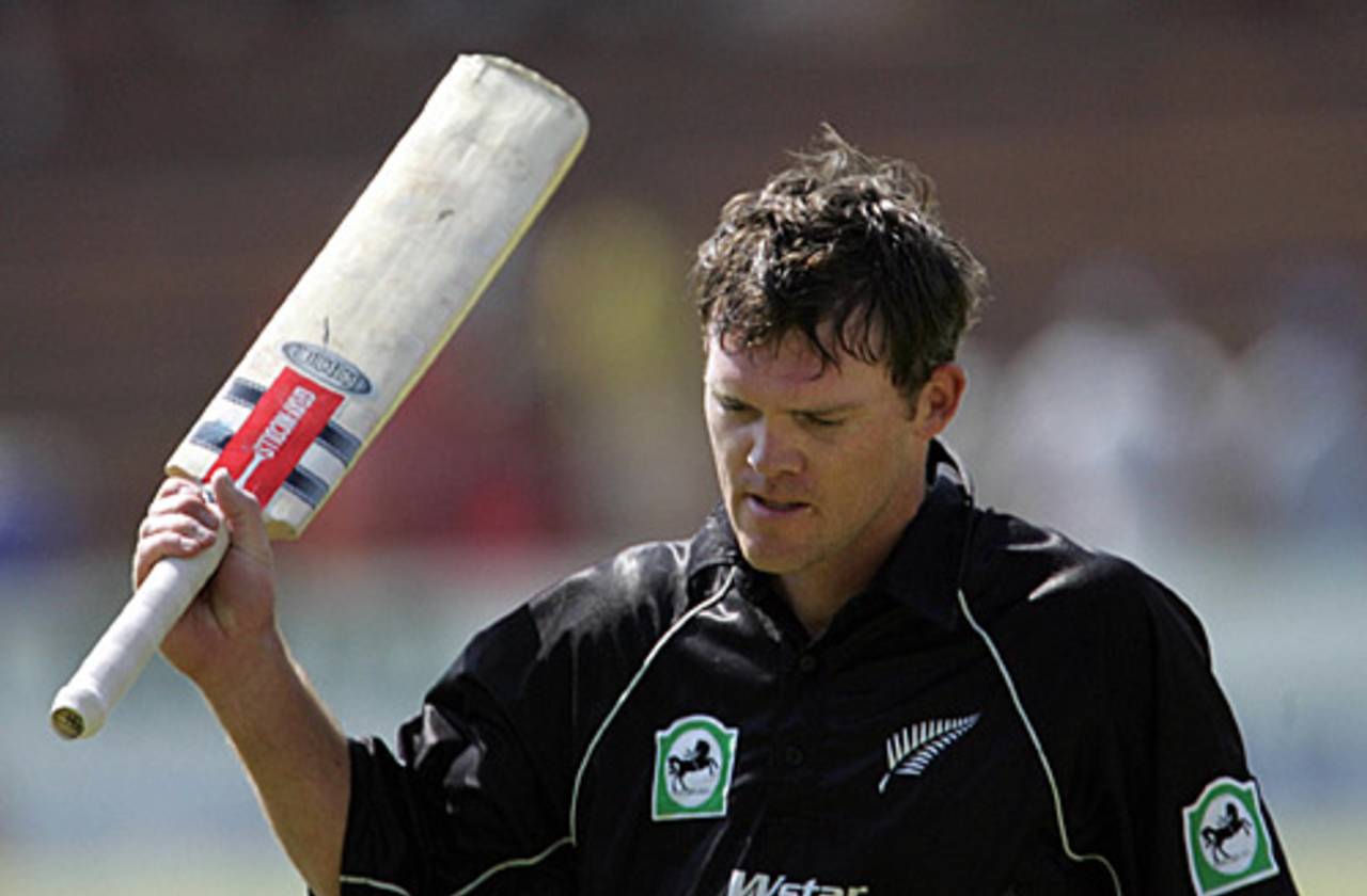 Lou Vincent raises his bat after being dismissed for a brilliant 172, Zimbabwe v New Zealand, first ODI, Bulawayo, August 24, 2005