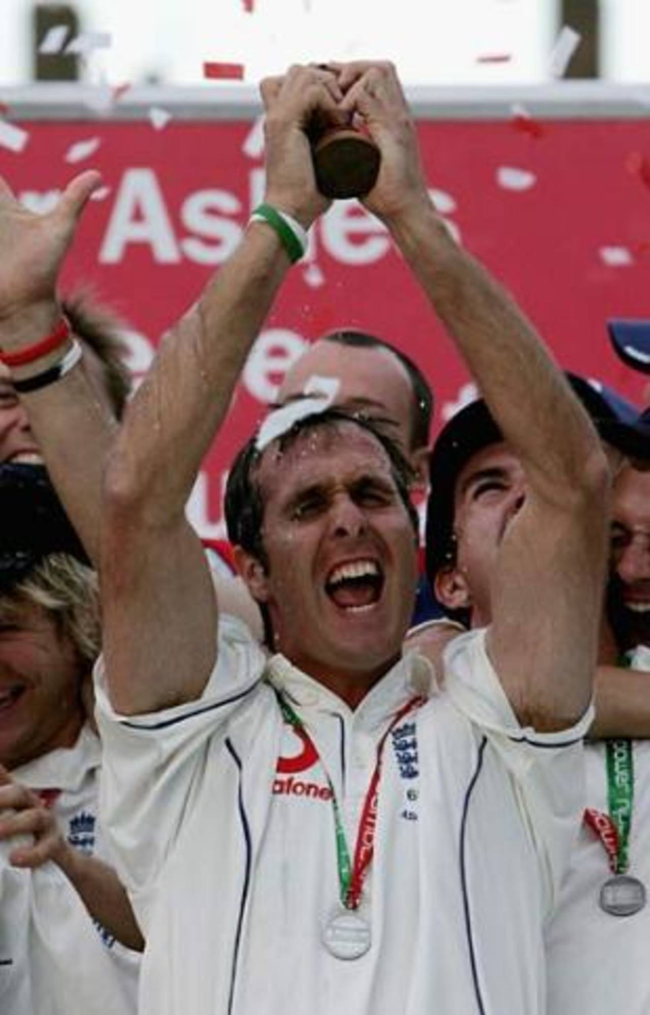 After 16 years and 29 days in Australians hands, an ecstatic Michael Vaughan lifts the Ashes, England v Australia, The Oval, September 12, 2005
