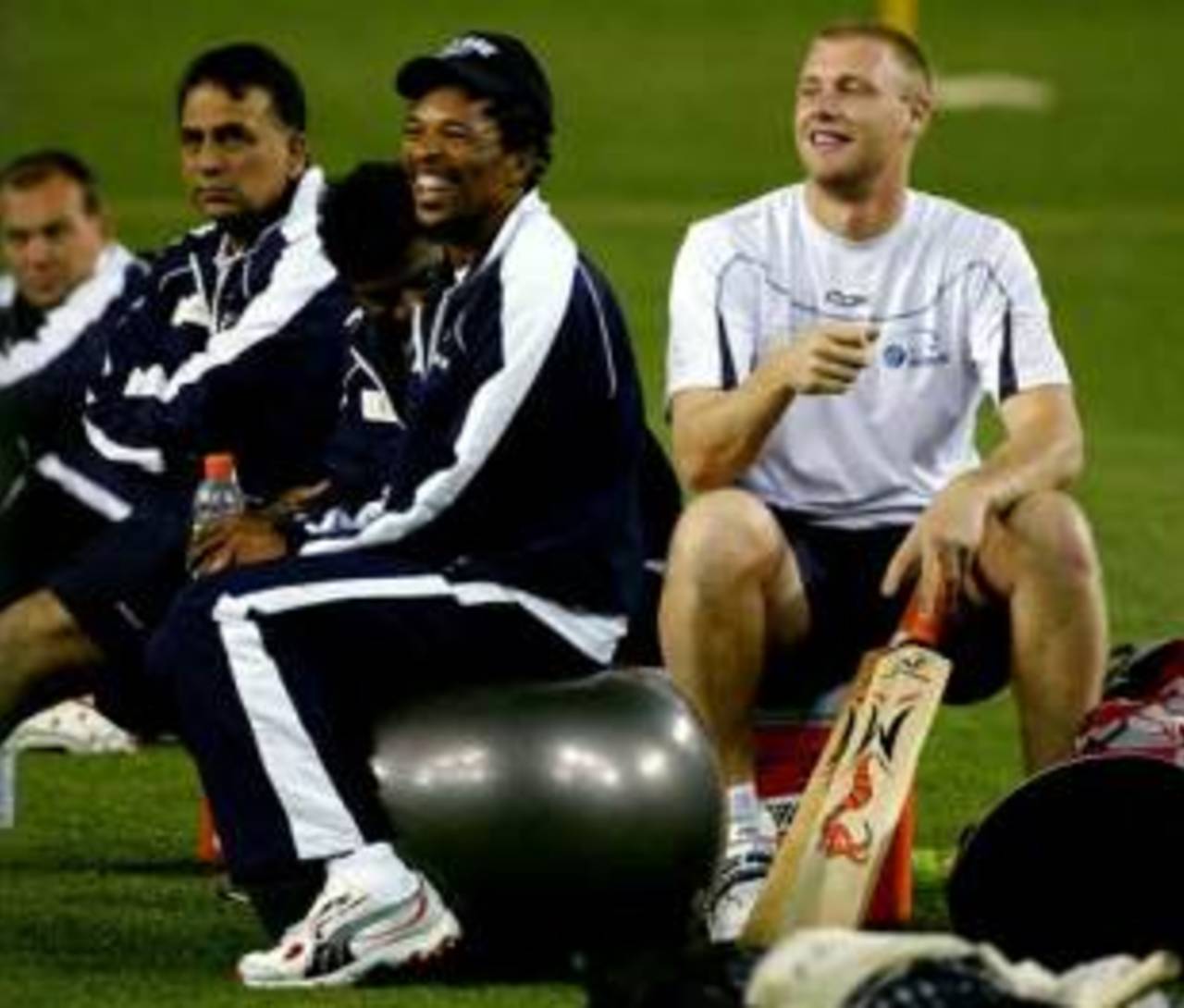 Makhaya Ntini and Andrew Flintoff in relaxed mood during a training session ahead of the ICC Super Series Trophy, Melbourne, October 3, 2005
