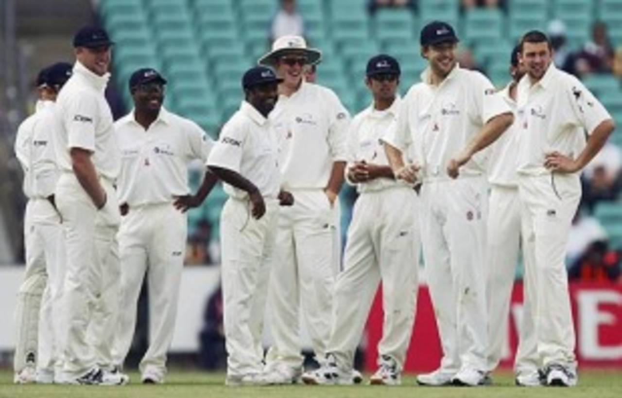The World XI wait for the third umpire to rule on Simon Katich's run out, Australia v World XI, Day 1, Sydney Cricket Ground, October 14, 2005