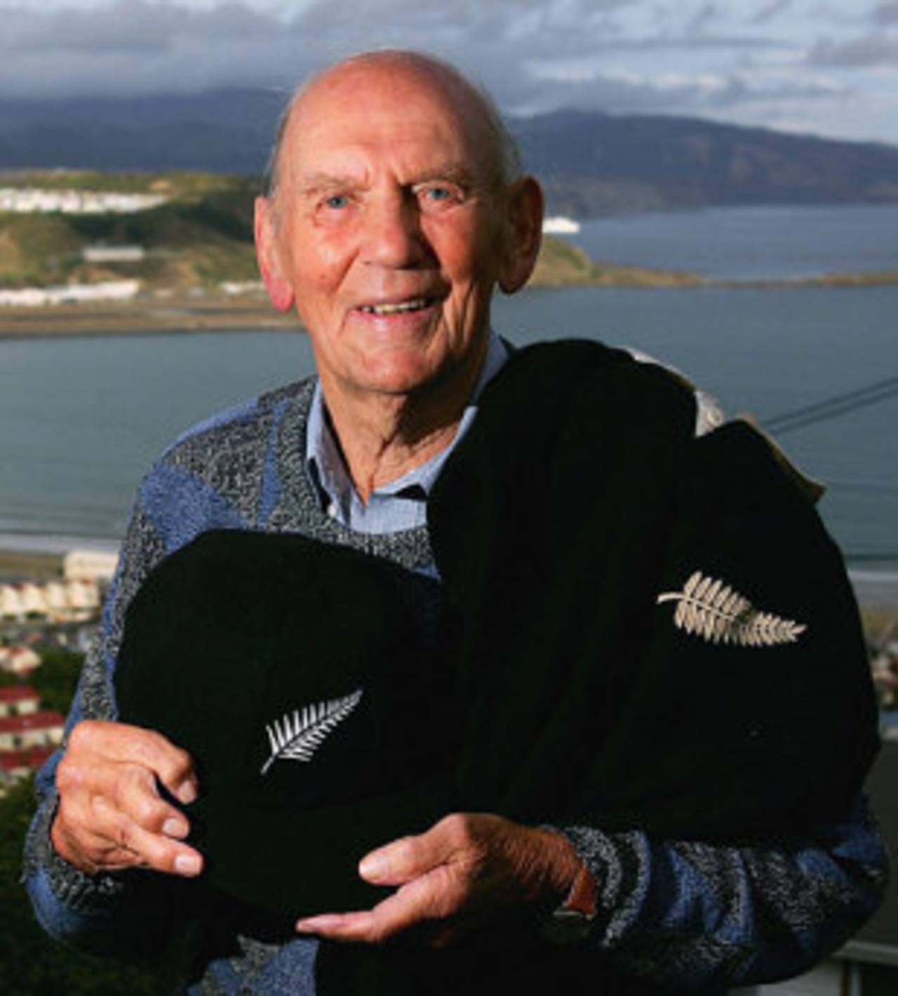 Eric Tindill, who at 95 is the oldest living Test Cricketer, as well as the oldest living All Black Rugby player with his numbered cricket cap and his original rugby jumper at his home in the suburb of Melrose on March 16, 2005