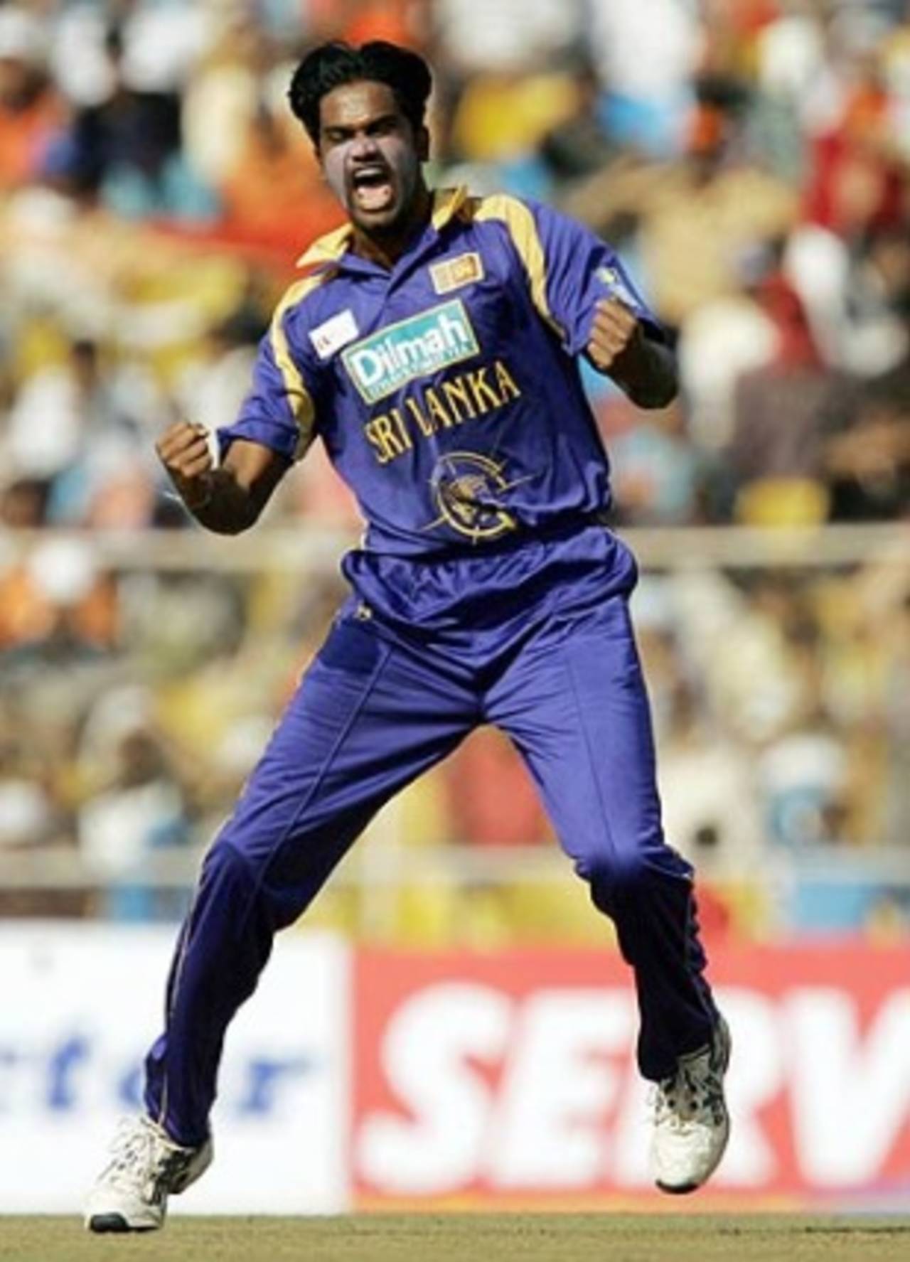 Nuwan Zoysa bowled Virender Sehwag for 19 in the 5th ODI at Ahmedabad,  India v Sri Lanka, Ahmedabad, November 6, 2005