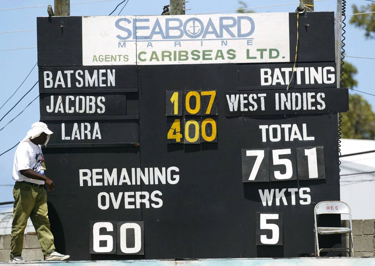 The scoreboard at Antigua, venue of Brian Lara's 400, West Indies v England, Antigua, April 10, 2004