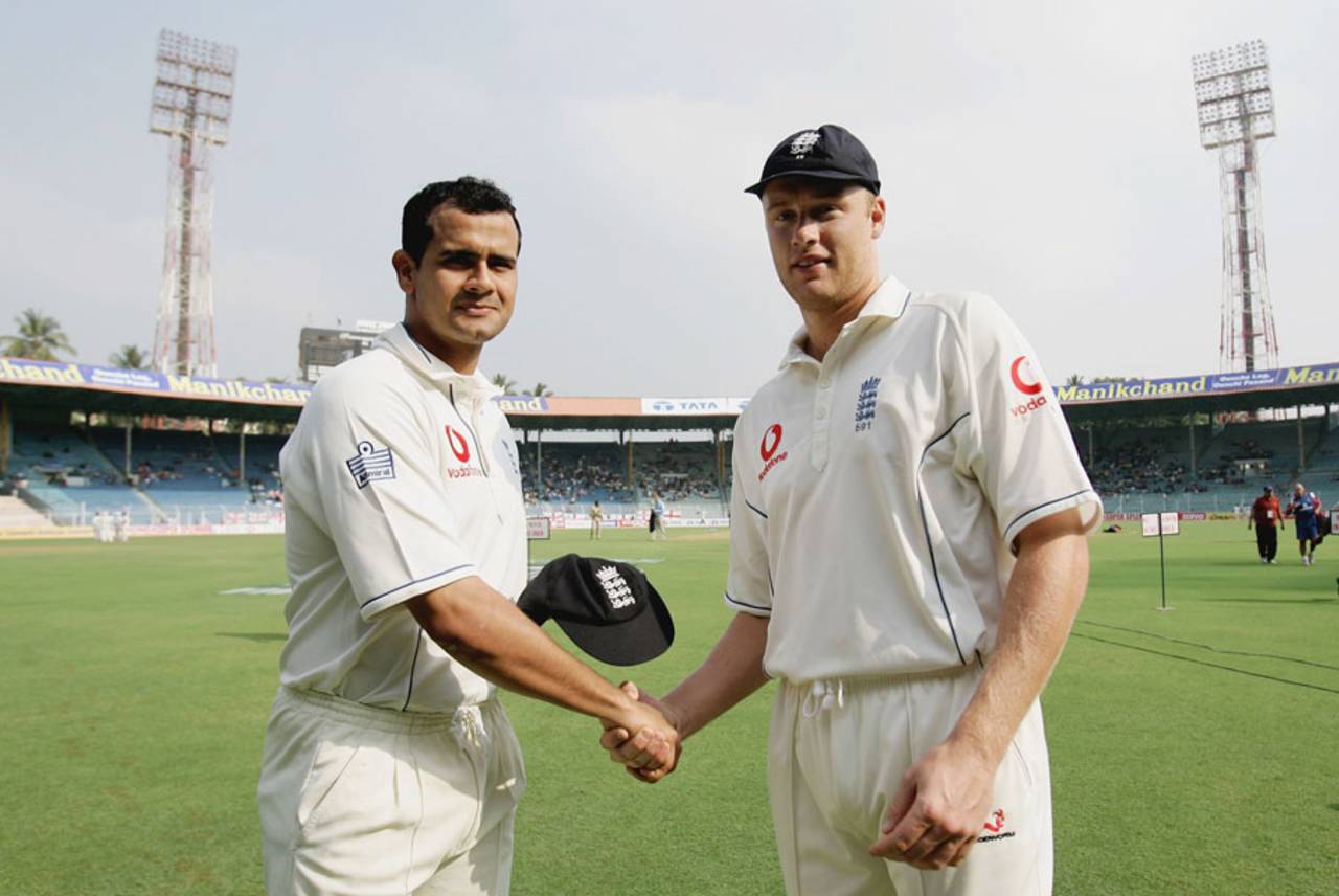 Owais Shah receives his England cap from Andrew Flintoff, India v England, 3rd Test, Mumbai, 1st day, March 18, 2006