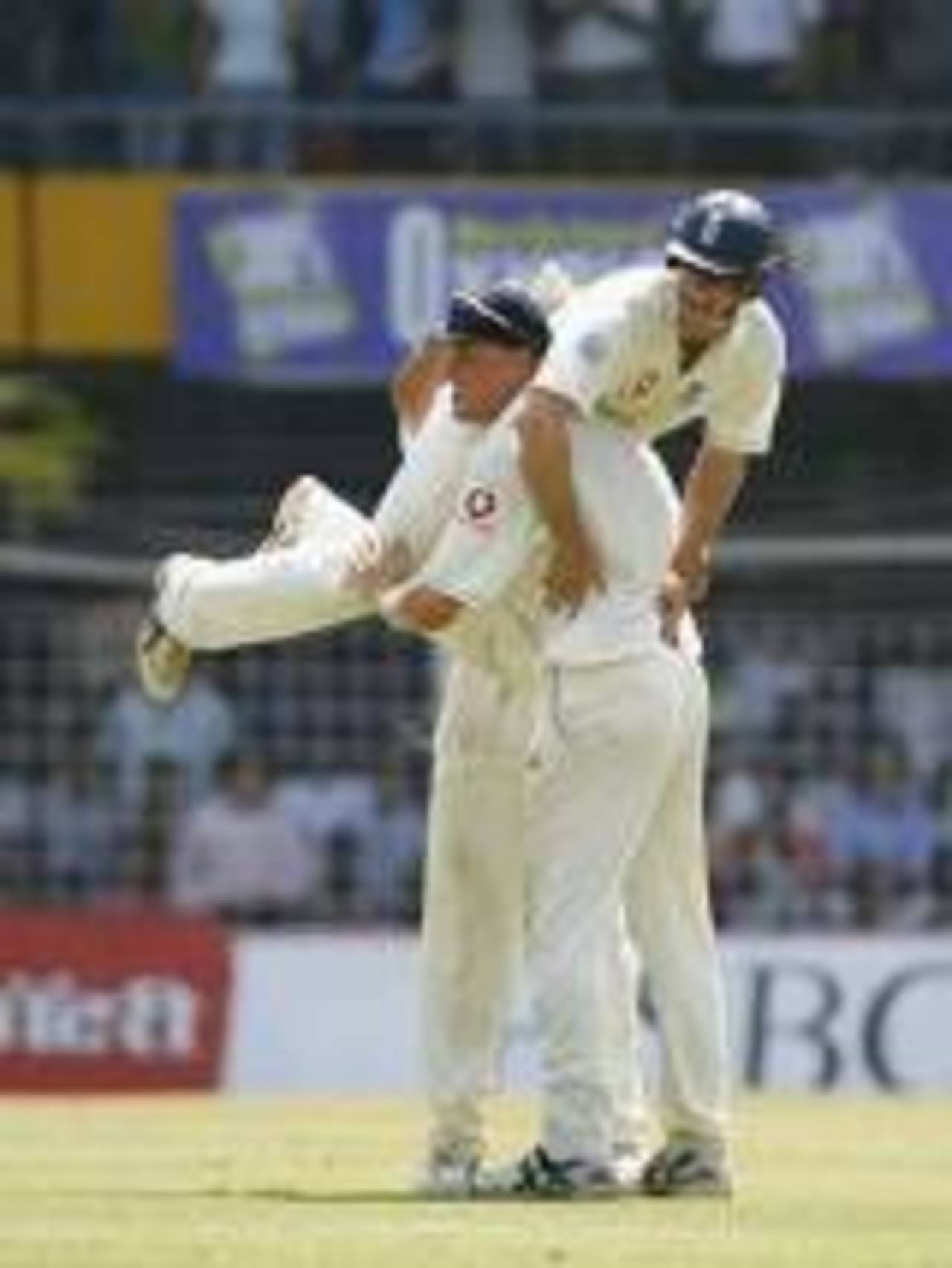 Andrew Strauss is lifted up high by Andrew Flintoff, India v England, 3rd Test, Mumbai, March 22, 2006