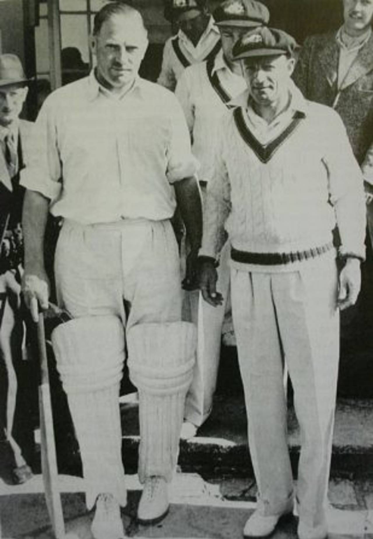 Essex captain Tom Pearce and Don Bradman pose ahead of the second day at Southend. On the first day Australia had scored 721, Essex v Australians, Southend, May 17, 1948