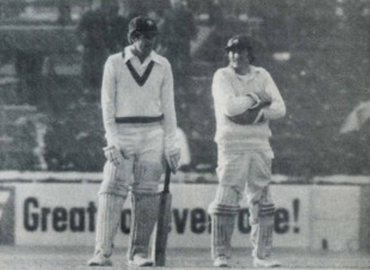 A drenched Greg Chappell and Alan Knott in the closing stages of what the <I>Cricketer</I> described as "an aquatic fiasco"&nbsp;&nbsp;&bull;&nbsp;&nbsp;The Cricketer International