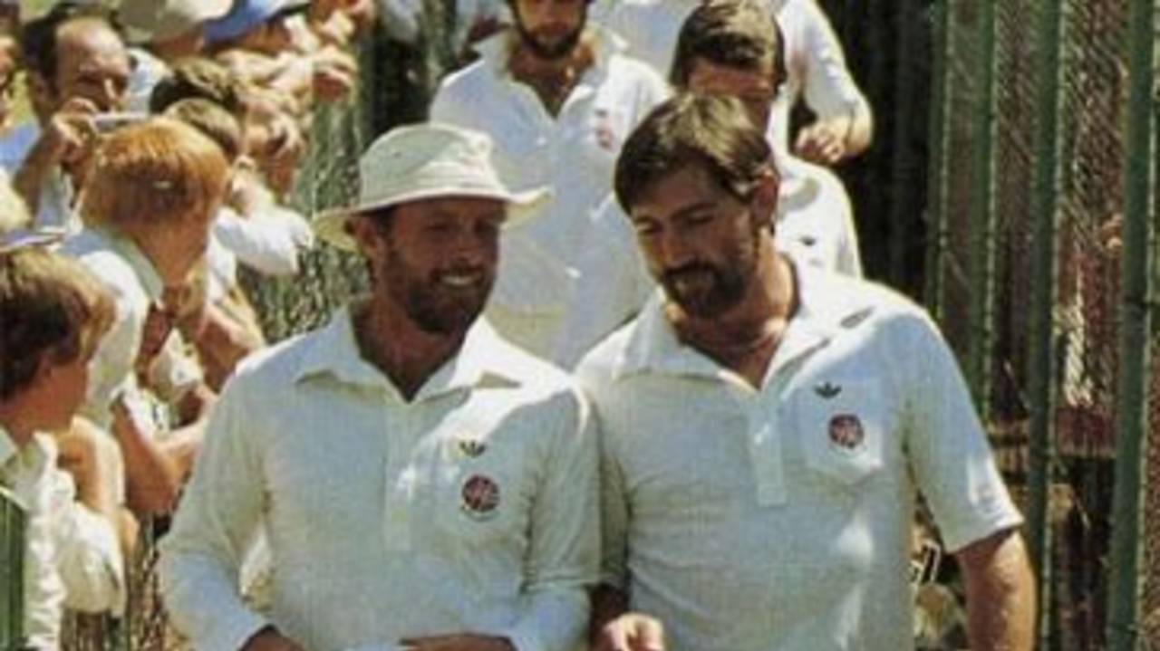 Geoff Boycott and Graham Gooch lead the England rebels onto the field, South Africa, March 6, 1982