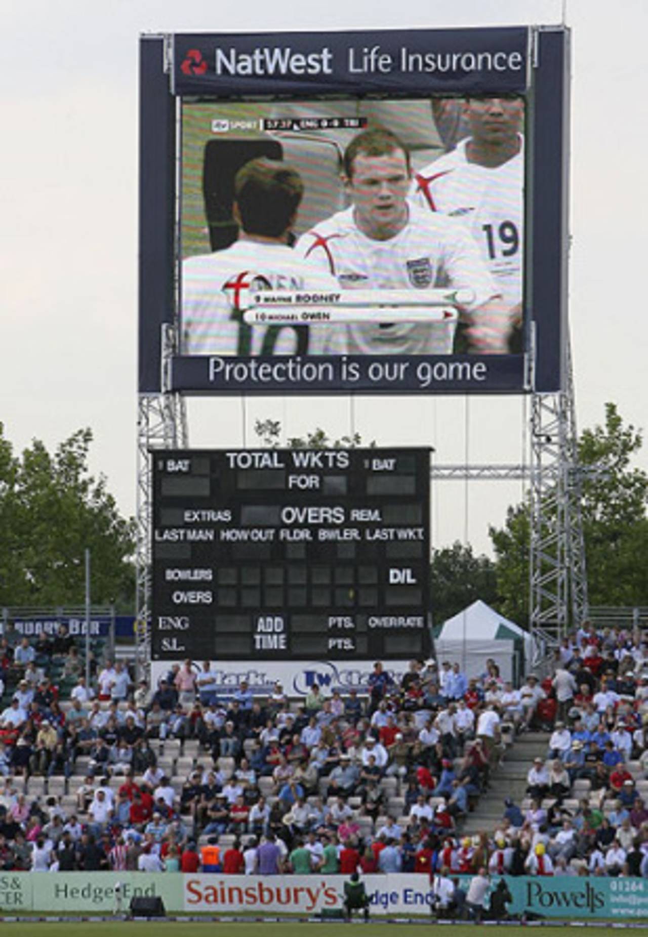 Supporters watch an England match from the 2006 World Cup during a Twenty20 international at The Rose Bowl&nbsp;&nbsp;&bull;&nbsp;&nbsp;Getty Images