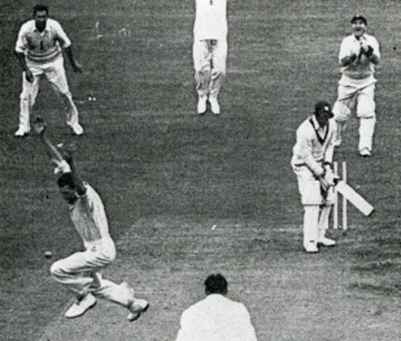 Peter Loader celebrates dismissing Roy Glichrist to secure his hat-trick, England v West Indies, Leeds, 1957