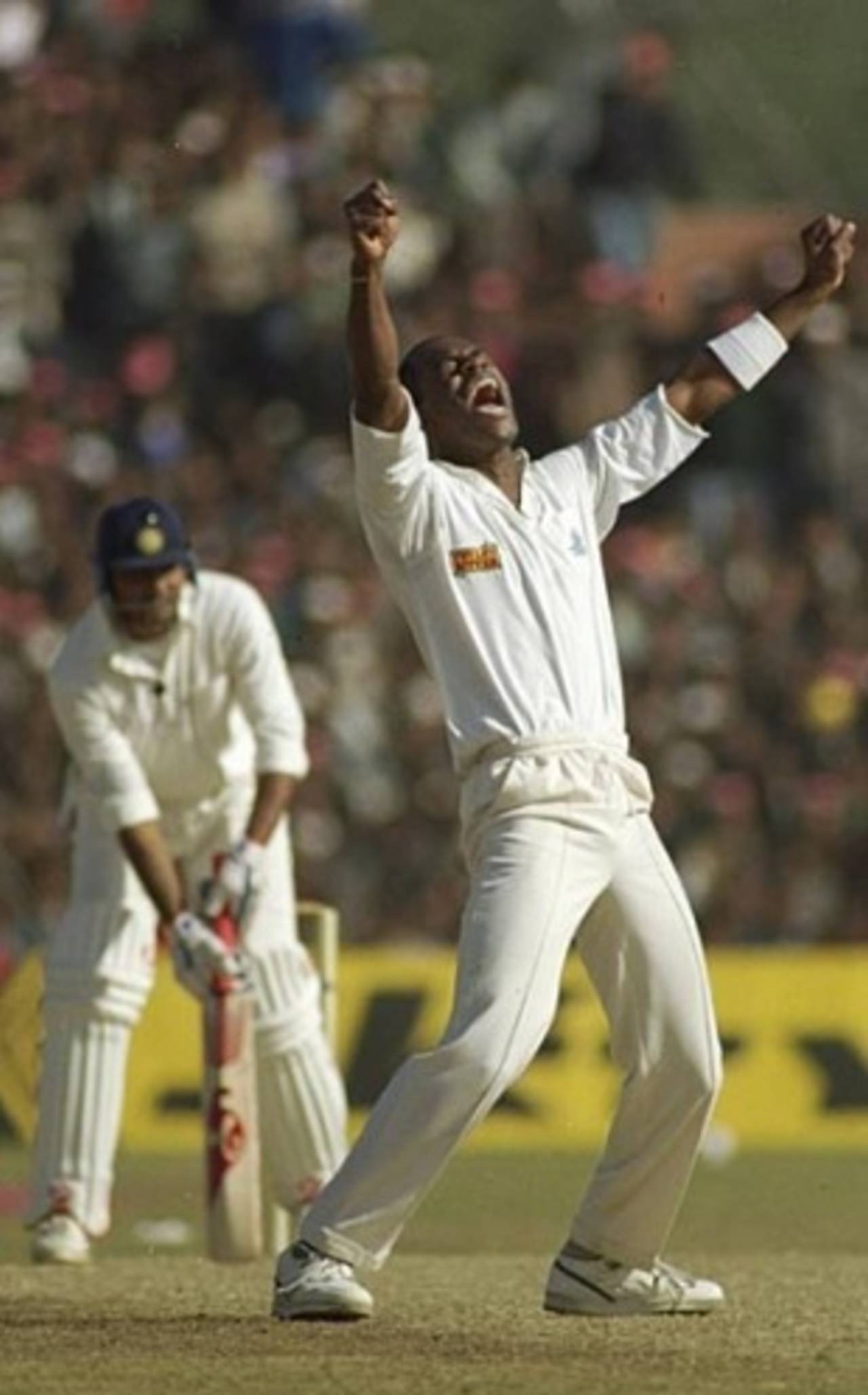 Chris Lewis traps Mohammed Azharuddin lbw, 1993