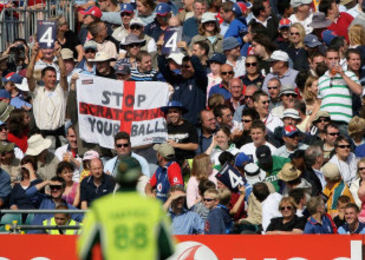 "Stop scratching your balls" reads a flag held up by two spectators, a light-hearted comment over the alleged ball-tampering allegations, England v Pakistan, 1st ODI, Cardiff, August 30, 2006