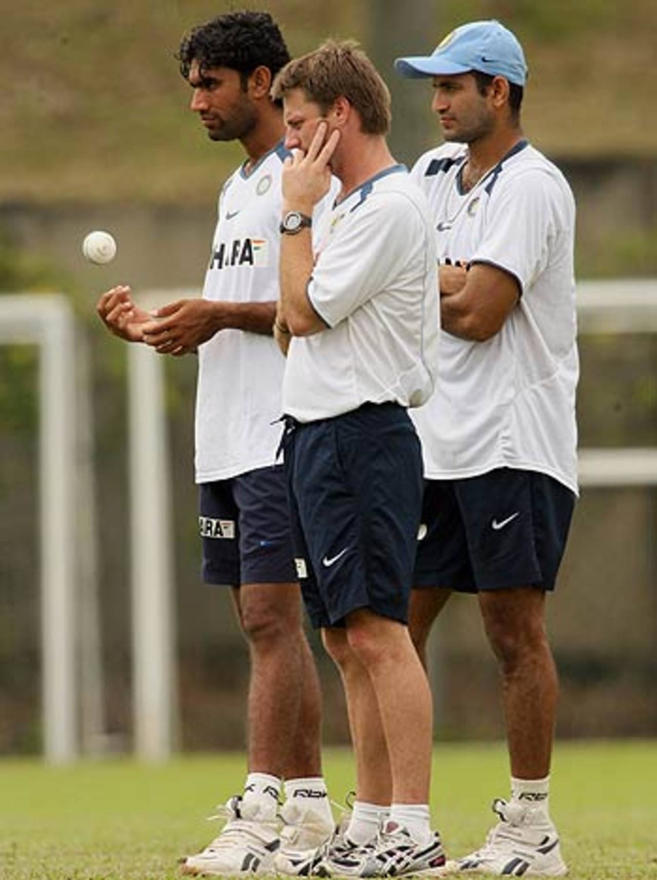 Munaf Patel and Irfan Pathan in the nets with John Gloster, at the Kinrara Academy Oval, Kuala Lumpur, September 19, 2006