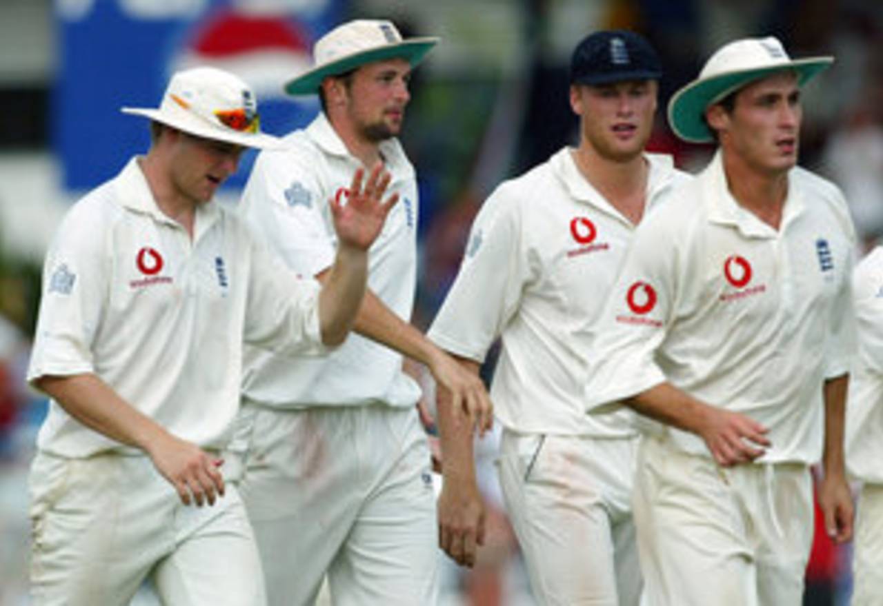 Matthew Hoggard, Steve Harmison, Andrew Flintoff and Simon Jones leave the field, West Indies v England, 2nd Test, Port-of-Spain, March 22, 2004