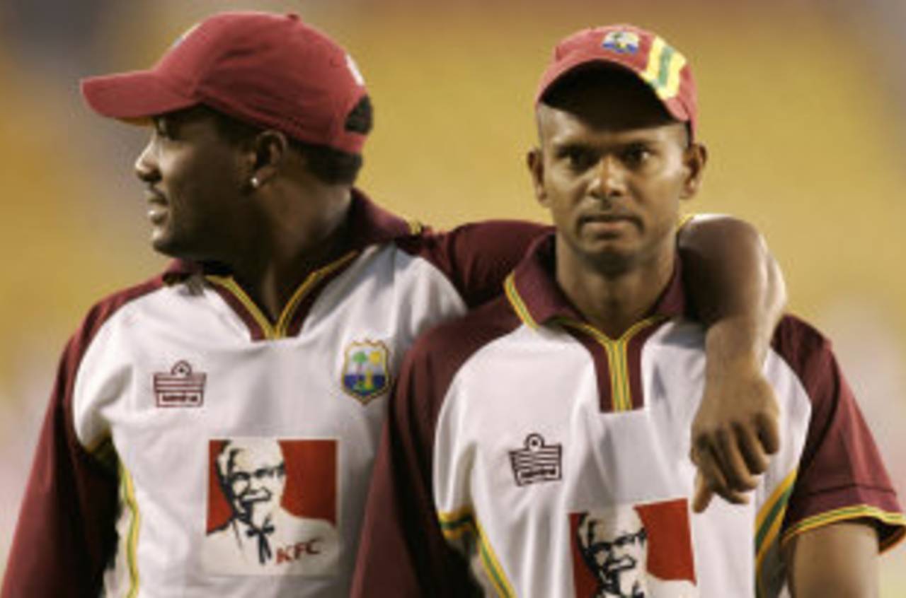 Brian Lara and Shivnarine Chanderpaul troop off after a net session, Ahmedabad, October 7, 2006