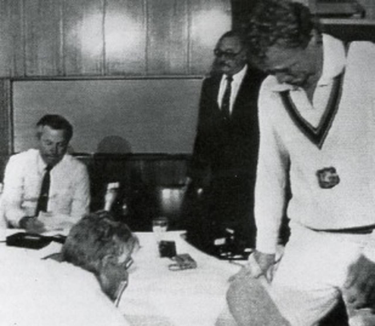 Kim Hughes leaves the press conference after announcing his resignation as captain at the end of the series loss to West Indies in 1984&nbsp;&nbsp;&bull;&nbsp;&nbsp;ESPNcricinfo Ltd