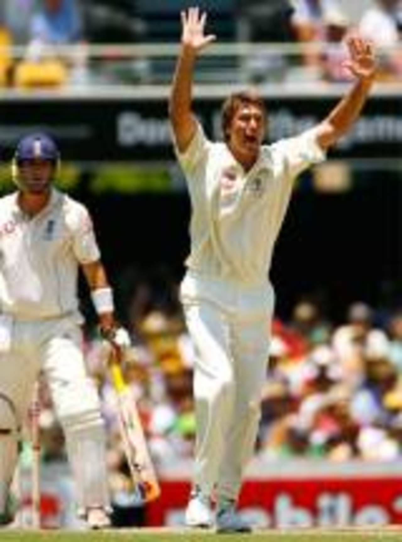 Glenn McGrath roars a successful appeal for Kevin Pietersen's wicket, Australia v England, 1st Test, Brisbane, November 25, 2006