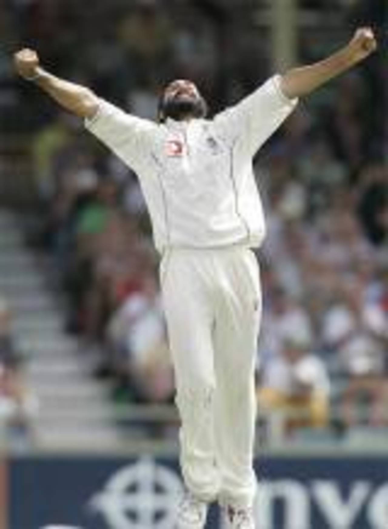 Monty Panesar jumps for joy after dismissing Mike Hussey, Australia v England, 3rd Test, Perth, December 16, 2006