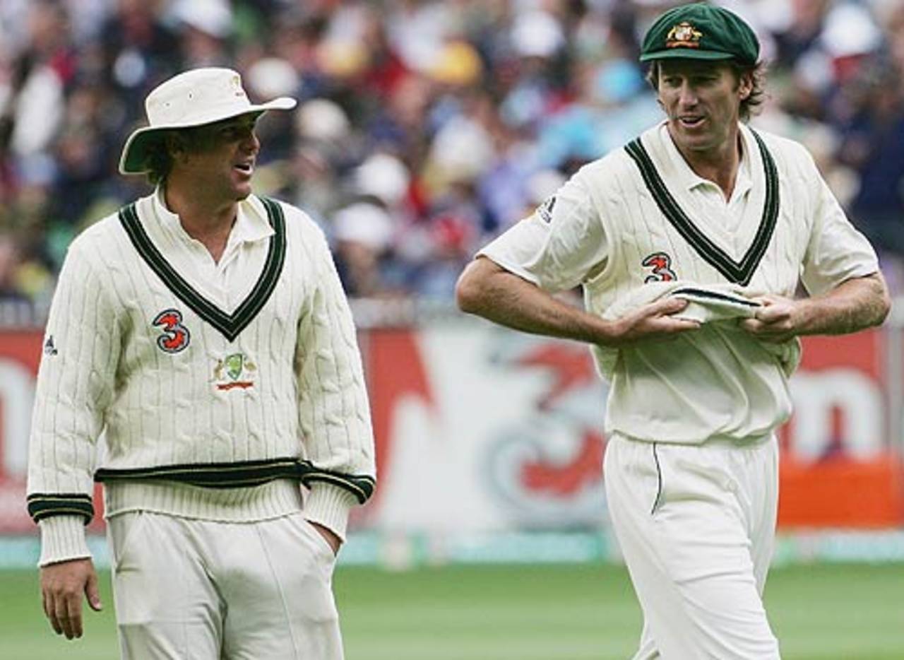 Australias two retiring legends Shane Warne and Glenn McGrath chat during their second-last Test match, Australia v England, 4th Test, Melbourne, December 26, 2006