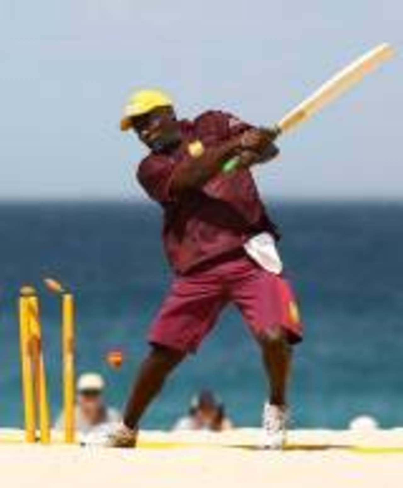 Viv Richards is bowled during beach cricket, Scarborough Beach, Perth, January 27, 2007