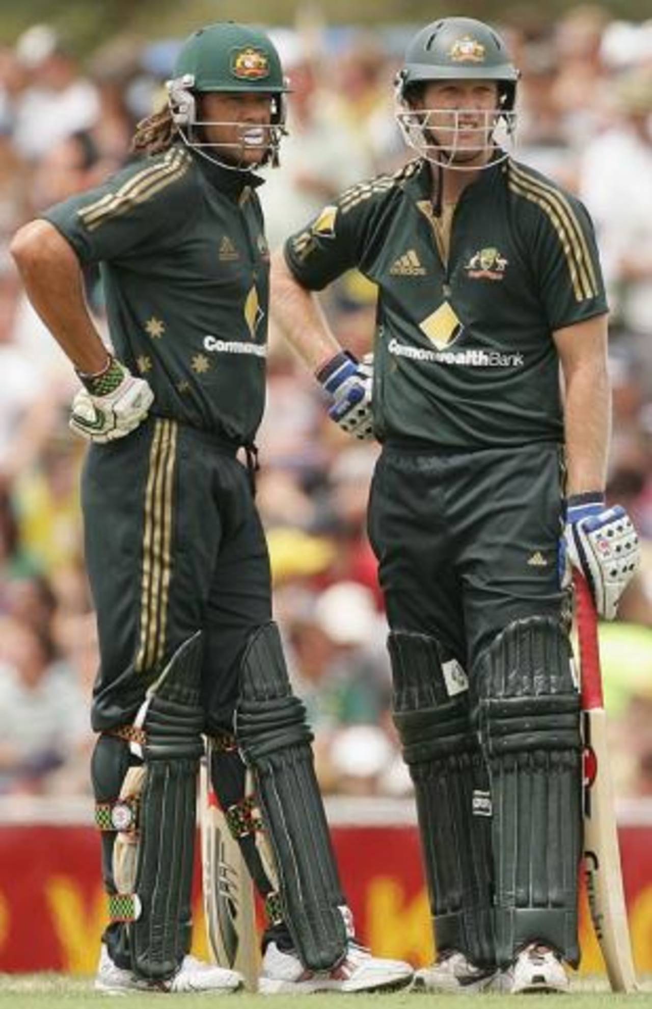 Andrew Symonds and Cameron White during their 90-run partnership, Australia v New Zealand, CB Series, 2nd match, Hobart, January 14, 2007