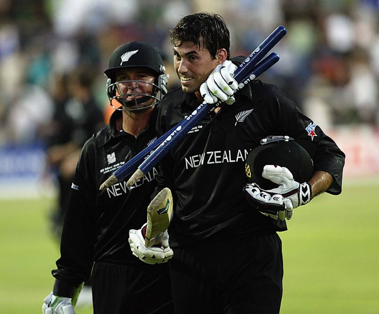Stephen Fleming and Nathan Astle troop off after a remarkable victory, South Africa v New Zealand, 15th match, World Cup, Johannesburg, February 16, 2003