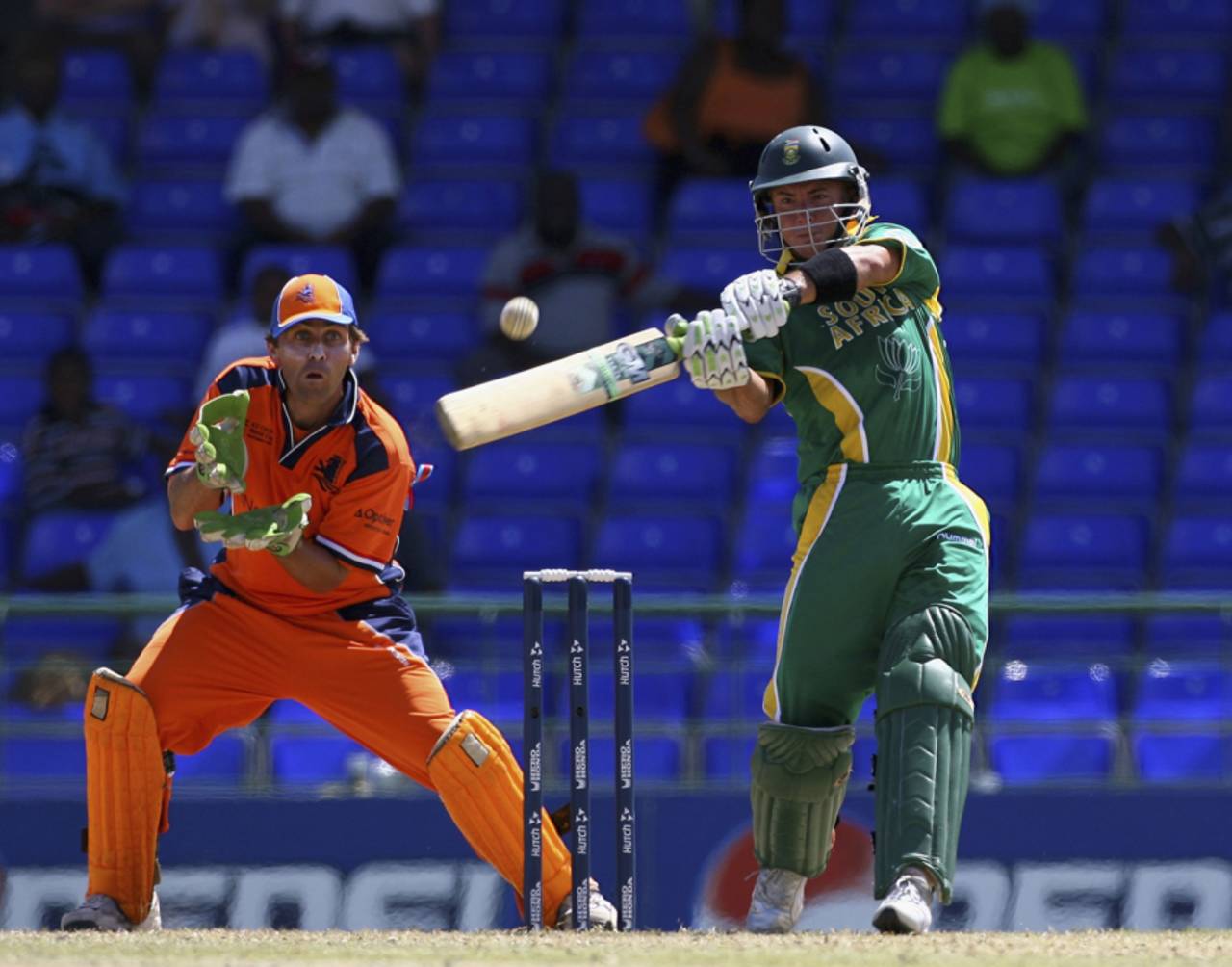 Herschelle Gibbs goes for a heave over long-off as a frightened Jeroen Smits looks on, Netherlands v South Africa, Group A, St Kitts, March 16, 2007