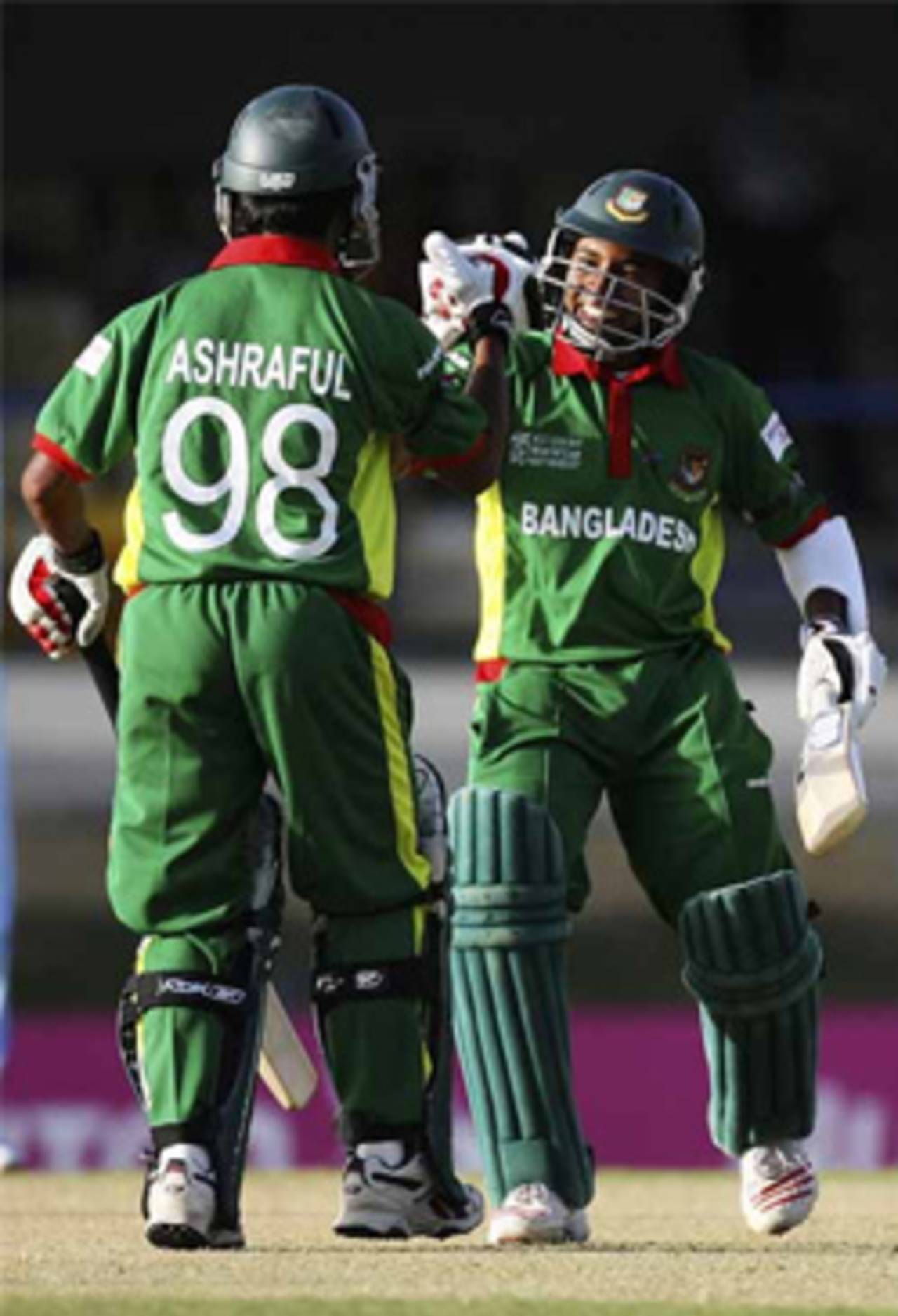 That winning feeling: Mushfiqur Rahim and Mohammad Ashraful celebrate the 2007 victory over India&nbsp;&nbsp;&bull;&nbsp;&nbsp;AFP