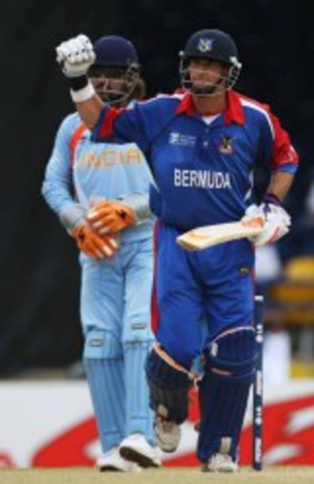 David Hemp reaches his half century and acknowledges the cheers from the modest turnout, Bermuda v India, Group B, Trinidad, March 19, 2007