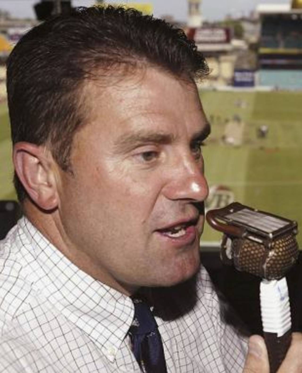 Mark Taylor behind the microphone, Sydney, January 22, 2004