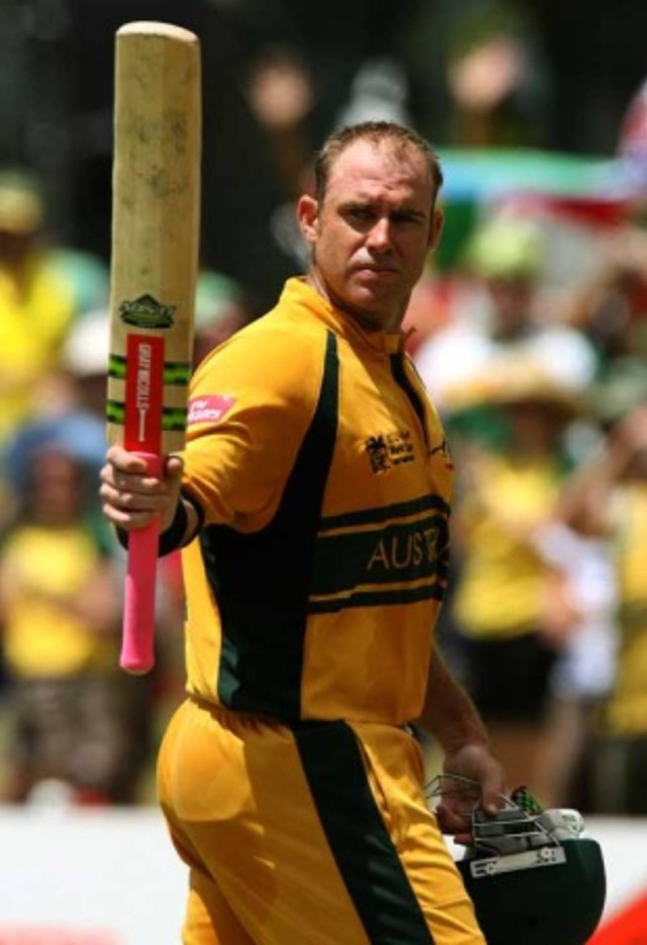 Matthew Hayden acknowleges the cheers after blasting the fastest World Cup hundred, Australia v South Africa, Group A, St Kitts, March 24, 2007