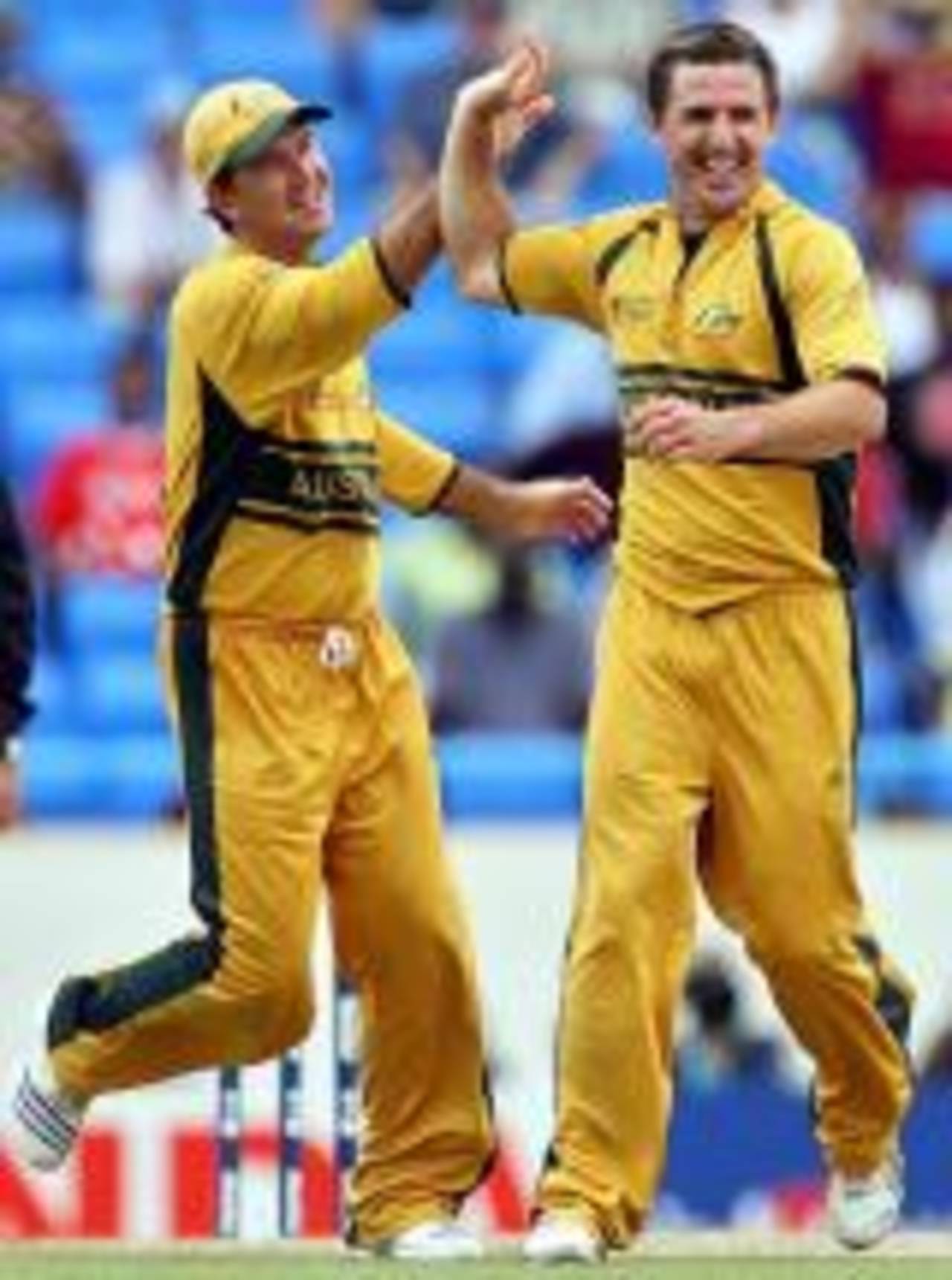 Ricky Ponting congratulates Brad Hogg on one of his three wickets, West Indies v Australia, Super Eights, Antigua, March 28, 2007