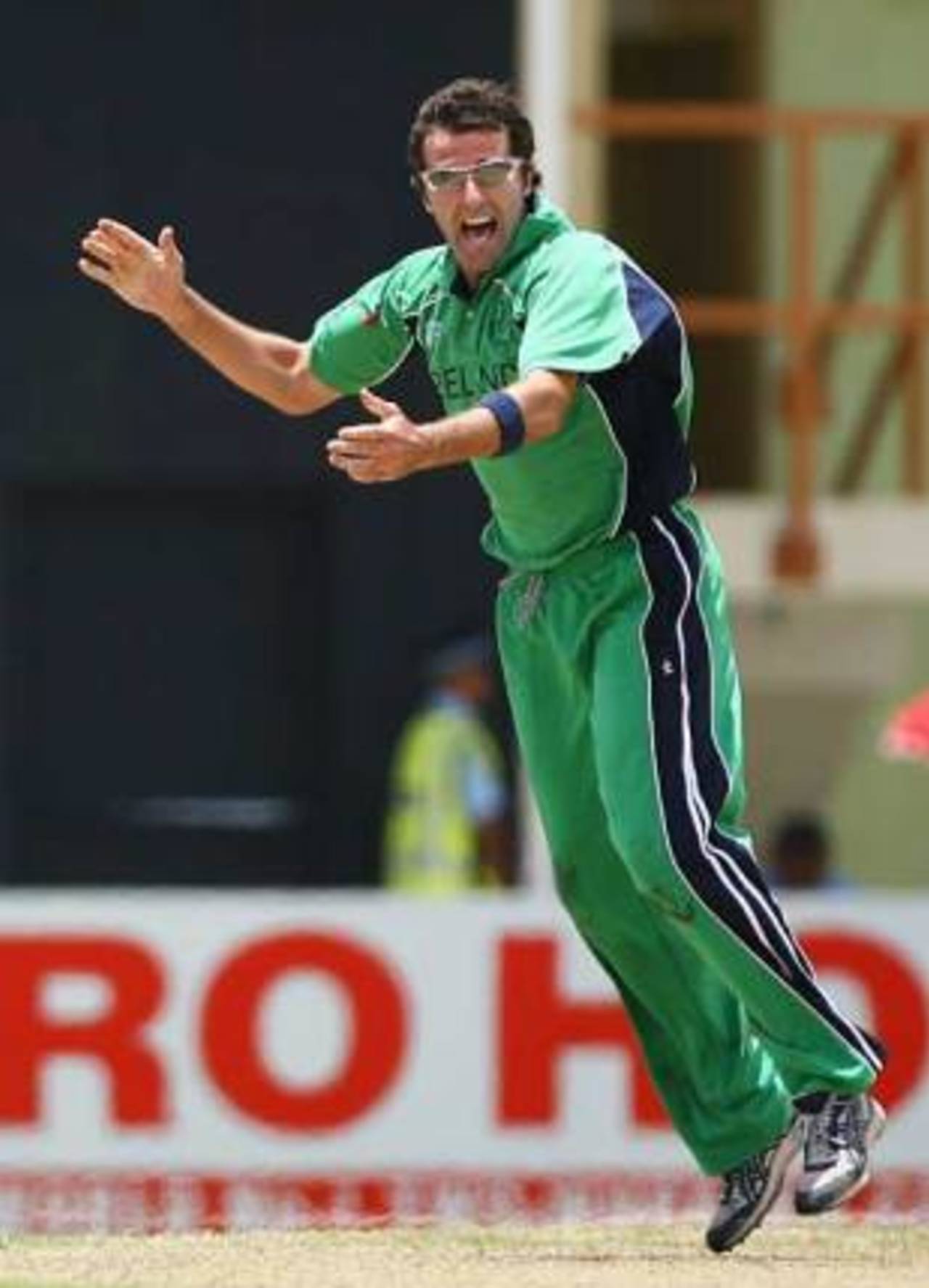 Kyle McCallan enjoys his wicket of Kevin Pietersen, England v Ireland, Super Eights, Guyana, March 30, 2007