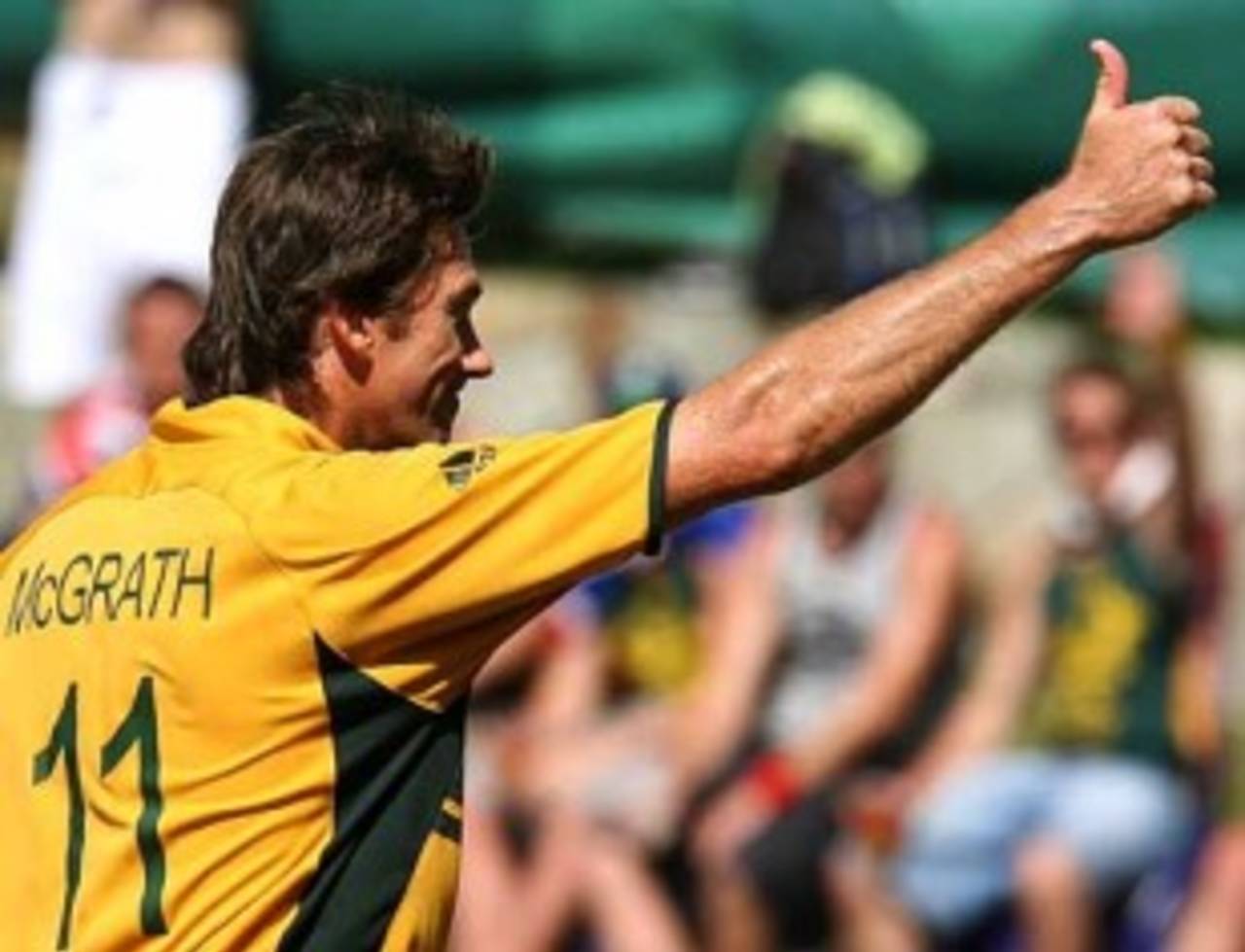 Glenn McGrath gives the thumbs-up to the crowd after becoming the highest wicket-taker in World Cup history, Australia v Bangladesh, Super Eights, Antigua, March 31, 2007