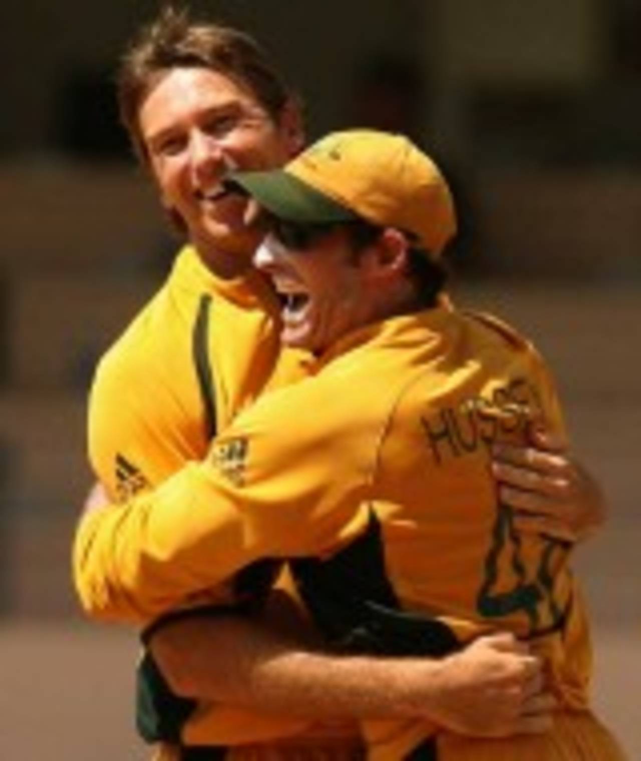 Michael Hussey congratulates Glenn McGrath on removing Ross Taylor, Australia v New Zealand, Super Eights, Grenada, April 20, 2007