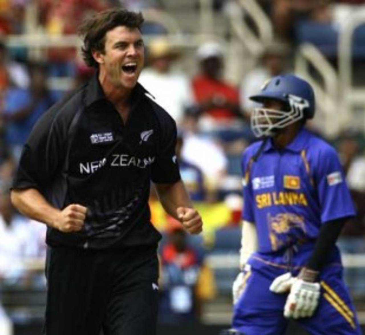 James Franklin gave New Zealand a huge boost by removing Sanath Jayasuirya early in the Sri Lankan innings, New Zealand v Sri Lanka, 1st semi-final, Jamaica, April 24, 2007