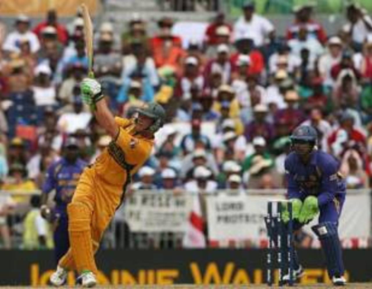 Adam Gilchrist steps down and launches another six, Australia v Sri Lanka, World Cup final, Barbados, April 28, 2007