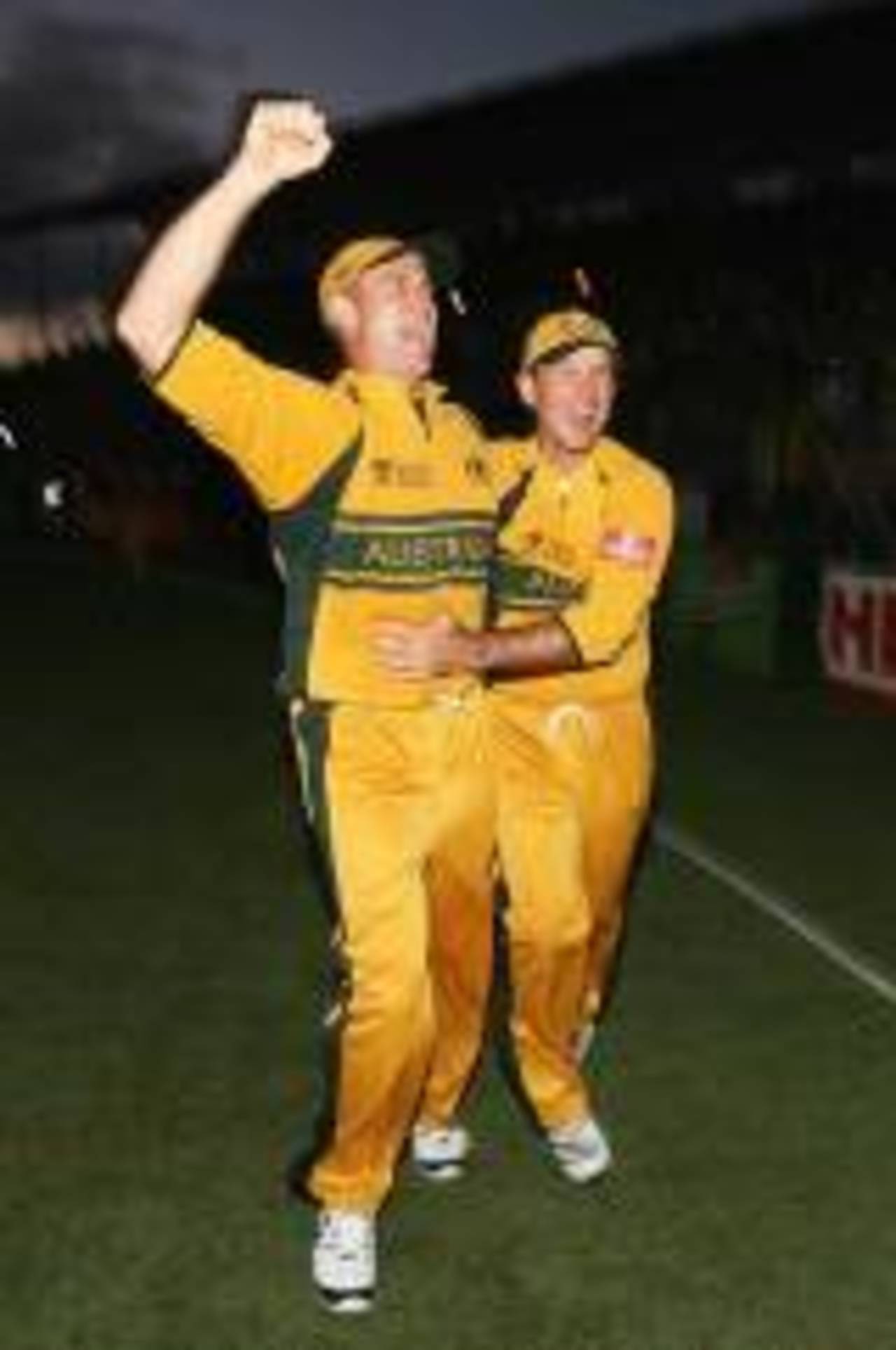 Matthew Hayden and Ricky Ponting celebrate in the dark, Australia v Sri Lanka, World Cup final, Barbados, April 28, 2007