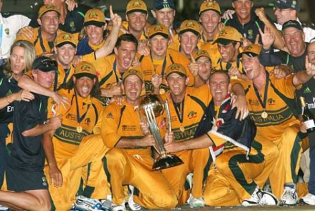 The Australians celebrate with the World Cup trophy, Australia v Sri Lanka, World Cup final, Barbados, April 28, 2007