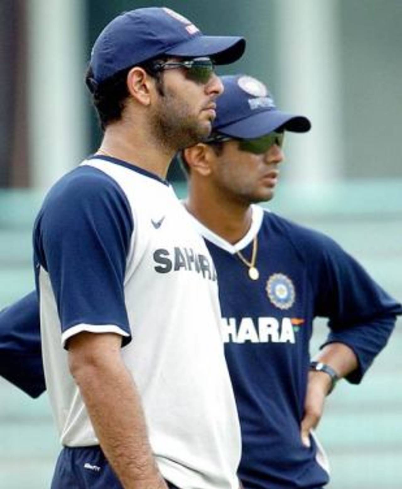 Yuvraj Singh and Rahul Dravid during a net session, Mirpur Cricket Stadium, Dhaka, May 9, 2007