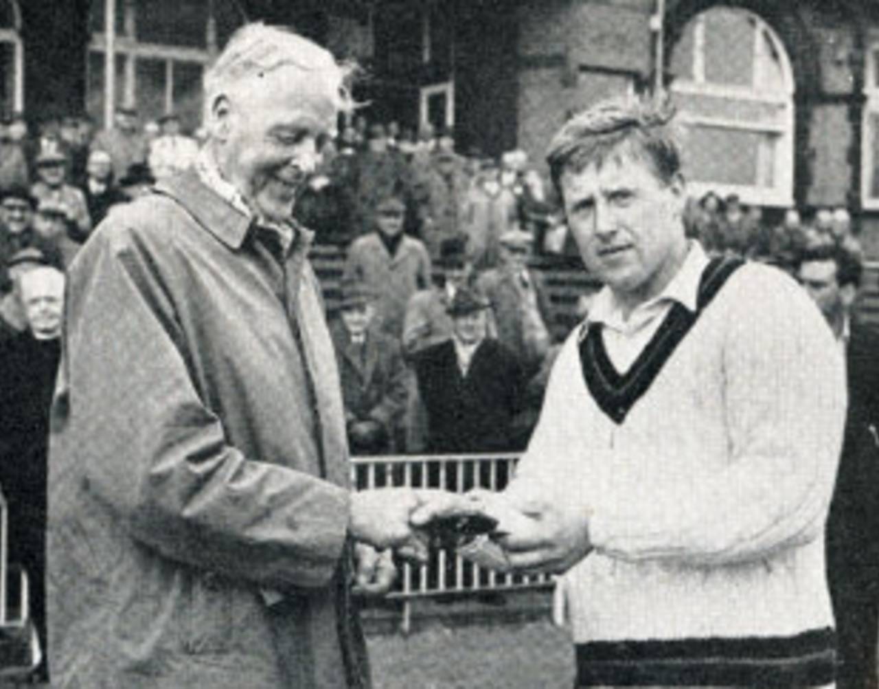 Peter Marner receives the first Man-of-the-Match award from Frank Woolley&nbsp;&nbsp;&bull;&nbsp;&nbsp;Playfair Cricket Monthly