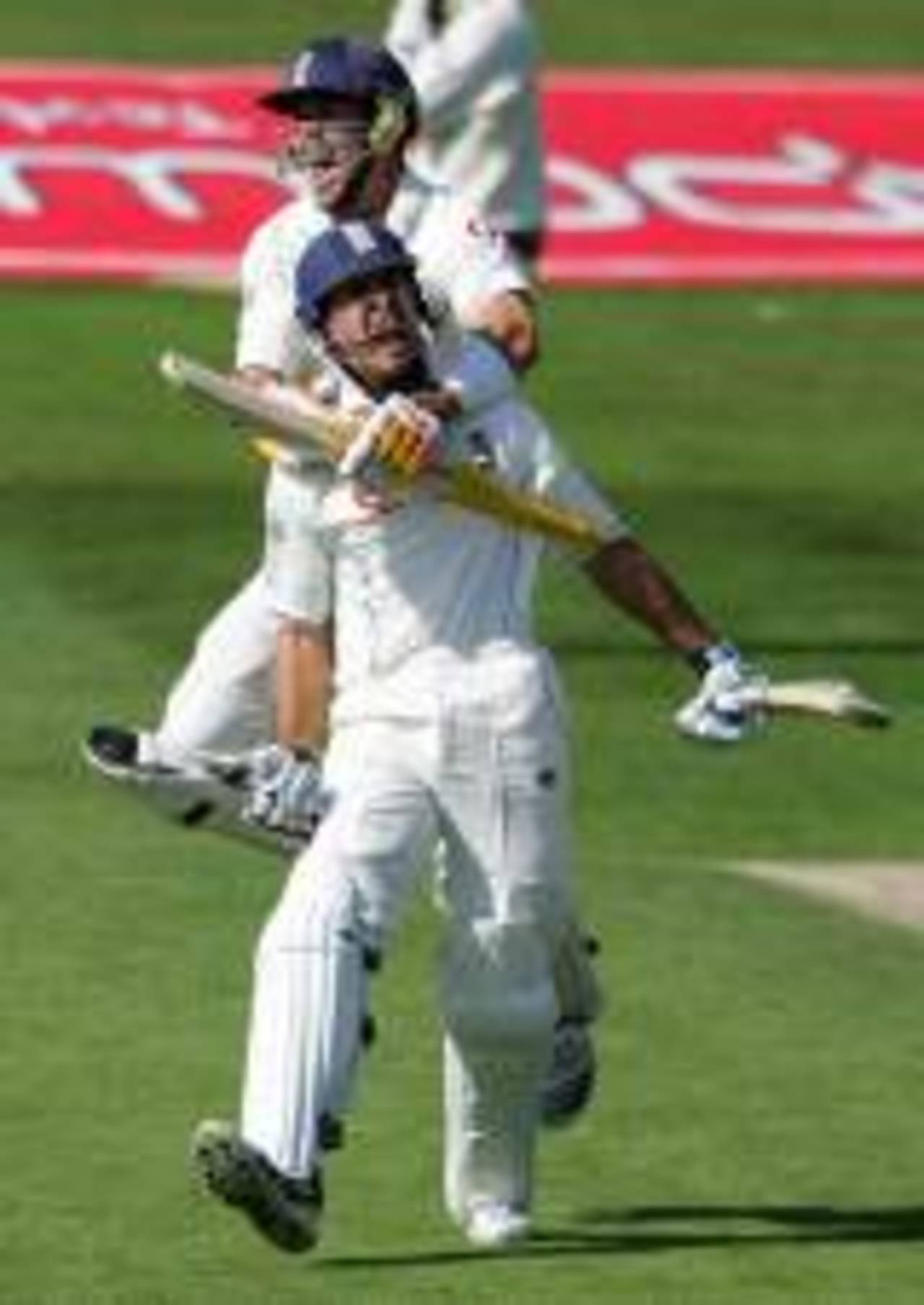Michael Vaughan is mobbed by Kevin Pietersen after reaching his century, England v West Indies, 2nd Test, Headingley, May 25, 2007