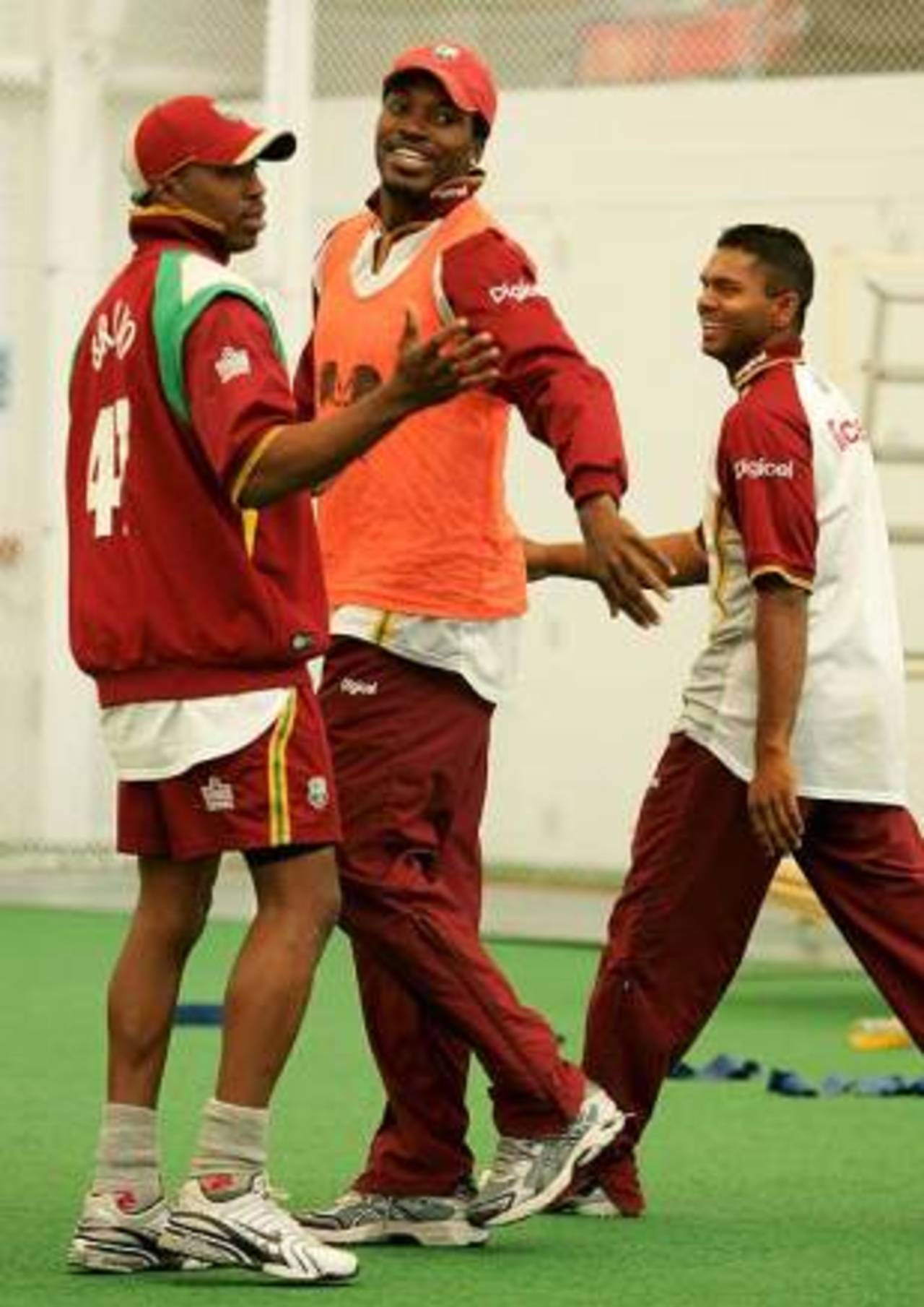 Chris Gayle, Dwayne Bravo and Shivnarine Chanderpaul in the indoor nets at Loughborough ahead of the 3rd ODI between England and West Indies at Trent Bridge, July 6, 2007