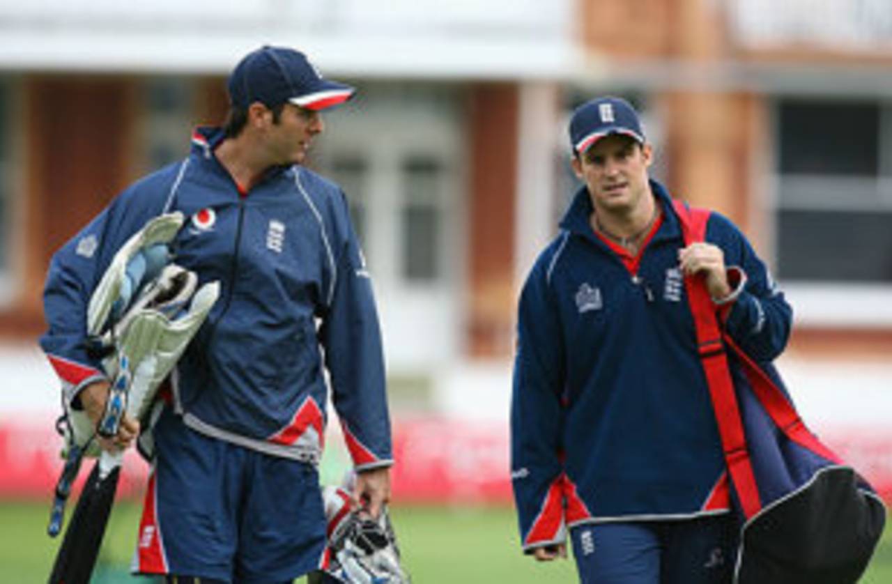 Michael Vaughan and Andrew Strauss head towards the nets at Lord's, England v India, 1st Test, Lord's, July 18, 2007