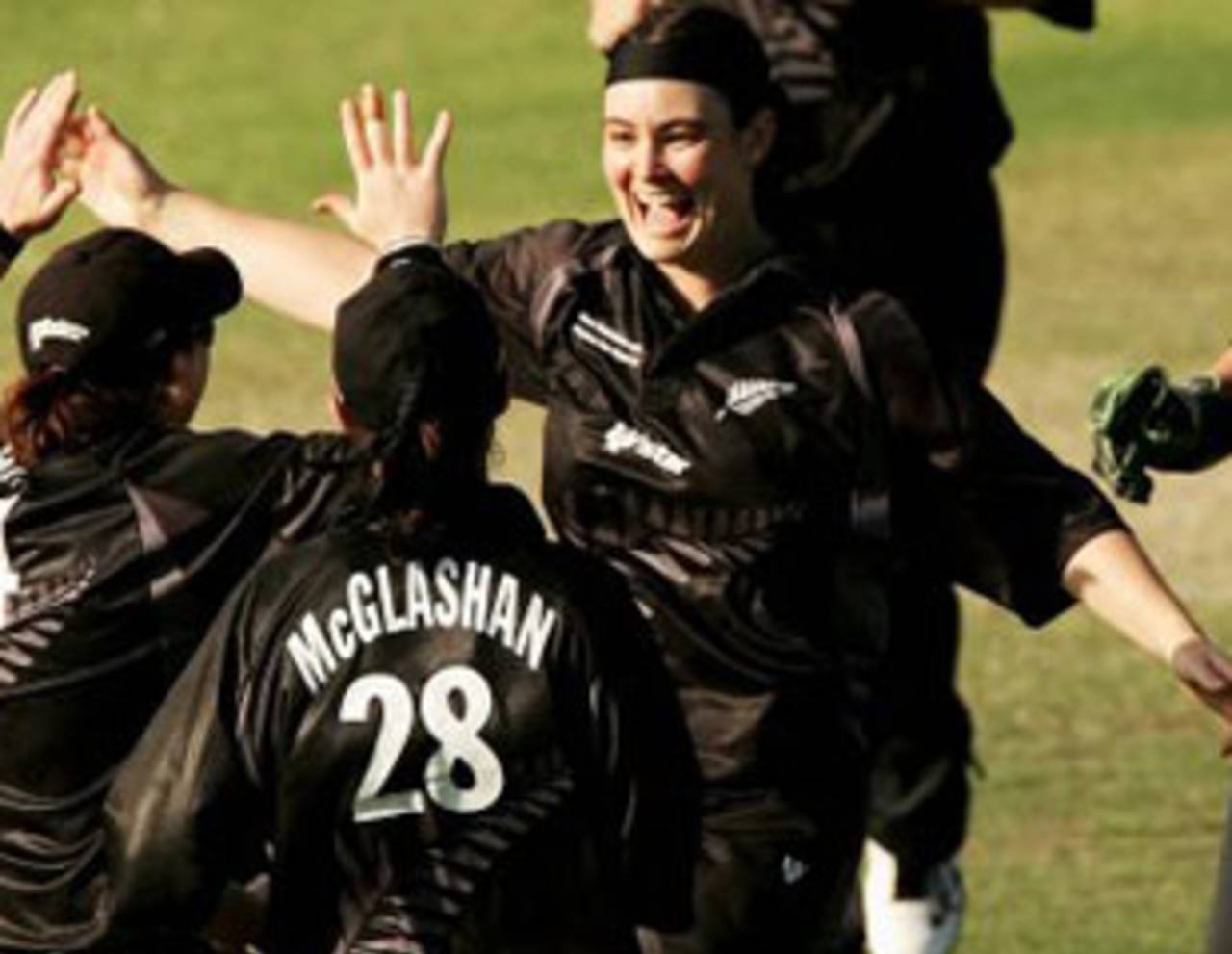 Sarah Tsukigawa is congratulated by her team-mates after picking up a wicket, Australia women v New Zealand women, 2nd ODI, Darwin, July 22, 2007